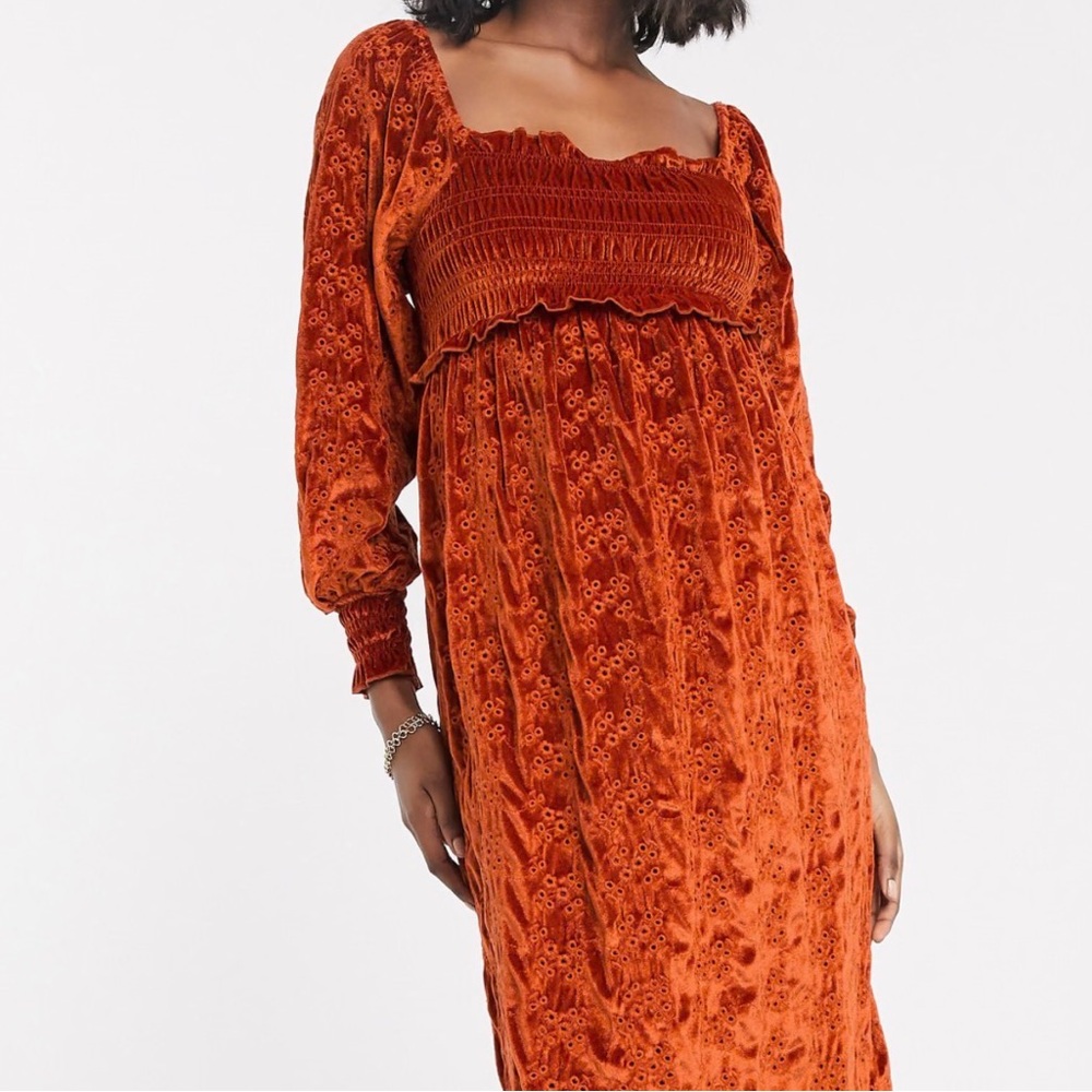 ASOS velvet broderie shirred midi dress burnt red eyelet lace long sleeve US6 - Picture 4 of 13